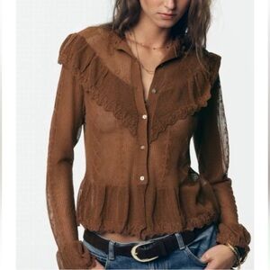 Zara Brown Lace Ruffle Blouse
